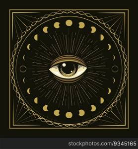 All Seeing Eye Esoteric Mystical Geometry Alchemy Engraving emblem isolated on black background. Vector illustration.