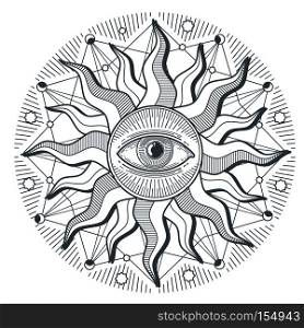 All seeing eye illuminati new world order vector freemasonry sign. Illustration of illuminati freemasonry symbol. All seeing eye illuminati new world order vector freemasonry sign