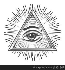 All seeing Eye in Triangle. Freemasonry occult Symbol in engraving style. Vector illustration. All seeing Eye in Triangle Freemasonry Symbol Engraving illustration