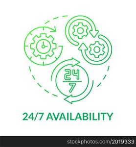 All time availability green gradient concept icon. Online entrepreneurship benefit abstract idea thin line illustration. Embedded messaging. Tech support. Vector isolated outline color drawing. All time availability green gradient concept icon