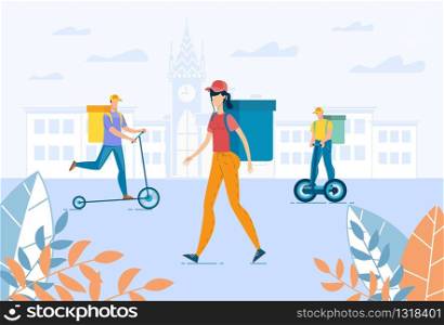 All Types of Food Delivery to Any City Location. Banner Advertisement. Walking Courier and Deliverymen Riding Eco-Friendly Transport as Electric Scooter, Hoverboard Carrying Healthy Meal Basket. All Types of Food Delivery to Any City Location