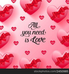 All you need is love lettering and hearts decorated with red ribbons and lipstick kisses on pink background. Valentine Day holiday. Lettering can be used for invitations, greeting cards, leaflets