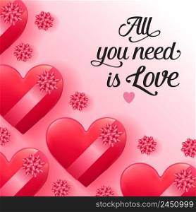 All you need is love lettering with heart-shaped boxes. Inscription with decorative bows on pink background. Valentine Day holiday. Lettering can be used for invitations, greeting cards, leaflets