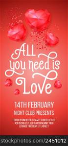 All you need is love lettering with ruby hearts. Saint Valentines Day poster. Handwritten text, calligraphy. For leaflets, brochures, invitations, posters or banners.