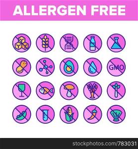 Allergen Free Food Vector Linear Icons Set. No Allergen Labelling, Eco And Organic Products Outline Symbols Pack. Ingredients Without GMO, Seafood, Peanuts, Alcohol Isolated Contour Illustrations. Allergen Free Food Vector Linear Icons Set