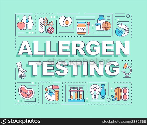 Allergen testing word concepts green banner. Detecting food allergens. Infographics with icons on color background. Isolated typography. Vector illustration with text. Arial-Black font used. Allergen testing word concepts green banner