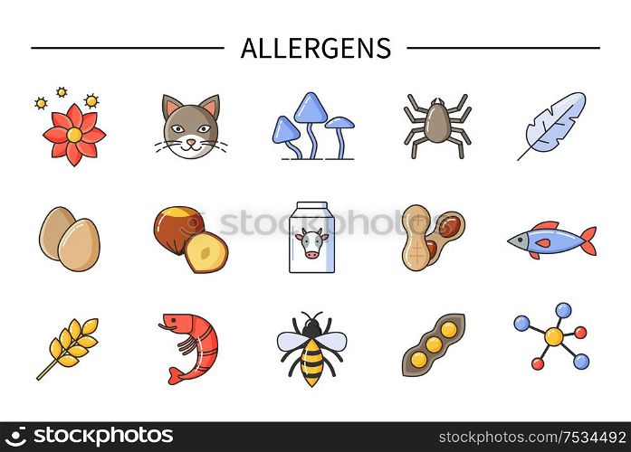 Allergens causing allergy, food and environmental causes vector. Flowers eggs, cats fur and dust, feather and fish, shrimps and bees, wheat and nut. Allergens Causing Allergy, Food and Environment