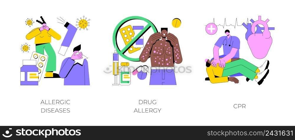 Allergic reaction abstract concept vector illustration set. Allergic disease, drug allergy, CPR, first aid, antihistamines therapy, skin rash, dermatology clinic, anaphylactic shock abstract metaphor.. Allergic reaction abstract concept vector illustrations.