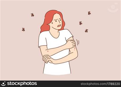 Allergic reaction of skin concept. Young irritated woman cartoon character standing with bee allergy having red and itchy skin vector illustration . Allergic reaction of skin concept.