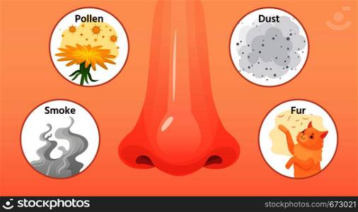 Allergic sickness. Red nose, allergy illnesses symptoms and allergens. Smoke, pollen and dust allergies. Allergy disease rhinitis itchy symptom, medical cartoon vector illustration. Allergic sickness. Red nose, allergy illnesses symptoms and allergens. Smoke, pollen and dust allergies cartoon vector illustration