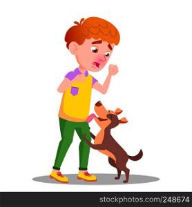 Allergic, Sneezing Boy With A Dog Vector. Isolated Illustration. Allergic, Sneezing Boy With A Dog Vector. Isolated Cartoon Illustration