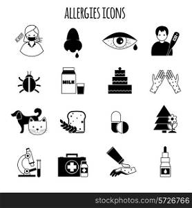 Allergies disease and medicine treatment health icons black vector illustration