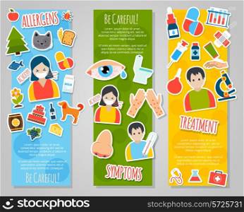 Allergies vertical banner set with allergen disease symptoms stickers isolated vector illustration