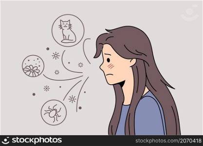 Allergy and being allergic concept. Sad woman with allergy thinking of cats blooming flowers and insects feeling disappointed vector illustration . Allergy and being allergic concept.