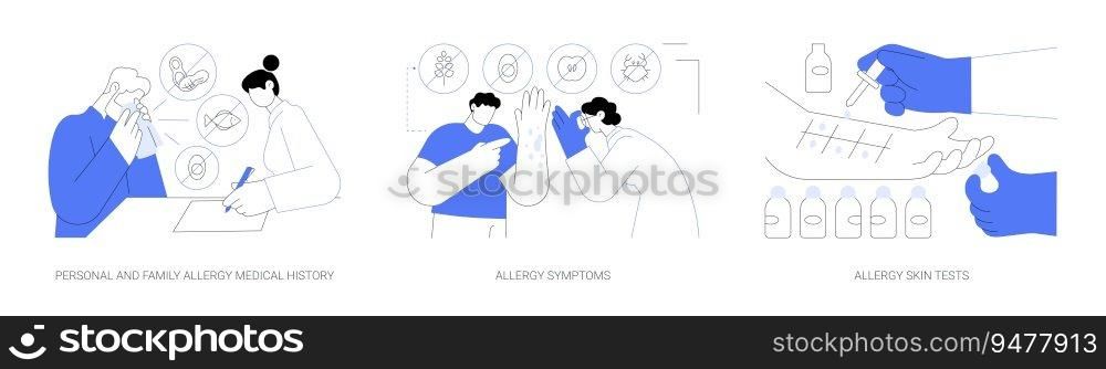 Allergy and immunology abstract concept vector illustration set. Personal and family allergy medical history, symptoms and skin tests, dermatitis rash, skin prick testing abstract metaphor.. Allergy and immunology abstract concept vector illustrations.