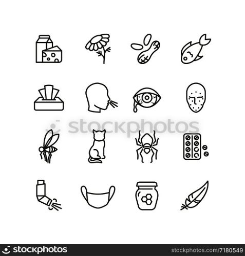 Allergy and rhinitis symptoms line icons. Allergic and allergen outline vector medicine symbols isolated. Allergen pollen and gluten illustration. Allergy and rhinitis symptoms line icons. Allergic and allergen outline vector medicine symbols isolated