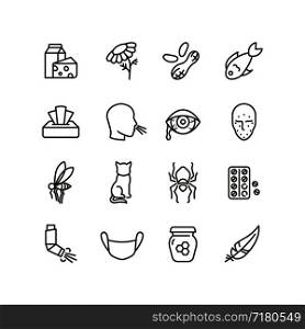 Allergy and rhinitis symptoms line icons. Allergic and allergen outline vector medicine symbols isolated. Allergen pollen and gluten illustration. Allergy and rhinitis symptoms line icons. Allergic and allergen outline vector medicine symbols isolated