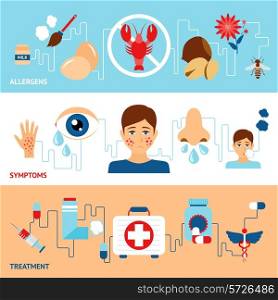 Allergy banner set with allegens symptoms treatment elements isolated vector illustration