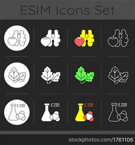 Allergy danger dark theme icons set. Tree nuts, walnut and hazelnut. Sulphites, chemical additives. Common allergens. Linear white, solid glyph and RGB color styles. Isolated vector illustrations. Allergy danger dark theme icons set