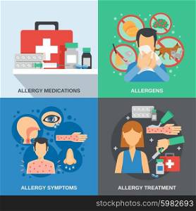 Allergy design concept set with medications and symptoms isolated vector illustration. Allergy Flat Set