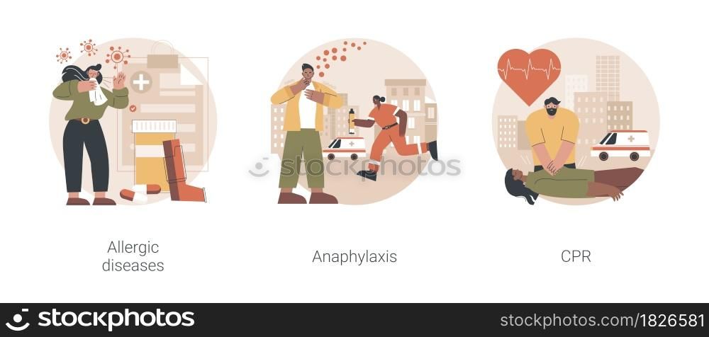 Allergy emergency help abstract concept vector illustration set. Allergic diseases, anaphylaxis shock, CPR, antihistamines therapy, artificial ventilation, breathing problem abstract metaphor.. Allergy emergency help abstract concept vector illustrations.