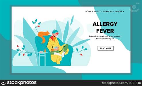 Allergy Fever Illness Woman Sit In Chair Vector. Allergy Fever Girl In Armchair Wrapped Plaid And Warmer On Head. Sick Character Hold Cup And Thermometer In Mouth. Web Flat Cartoon Illustration. Allergy Fever Illness Woman Sit In Chair Vector