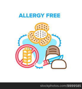 Allergy Free Healthy Food Vector Icon Concept. Gluten Allergy Free Ingredient Baked Bread And Delicious Cookies Dessert. Non-wheat Eatery Diet Organic Products, Dietic Nutrition Color Illustration. Allergy Free Healthy Food Vector Concept Color