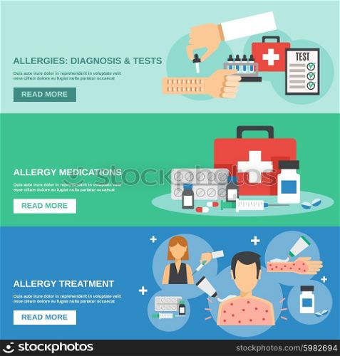 Allergy horizontal banner set with diagnosis and tests elements isolated vector illustration. Allergy Banner Set