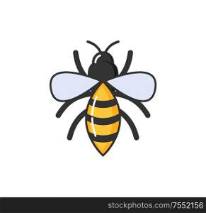 Allergy hypersensitivity of bee sting, fly with wings isolated vector. Allergic reaction wasp with striped body. Sensitivity of human body on animals. Allergy Hypersensitivity Bee Sting, Fly with Wings