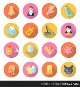 Allergy icon flat set with cough rhinitis dermatitis sneeze isolated vector illustration