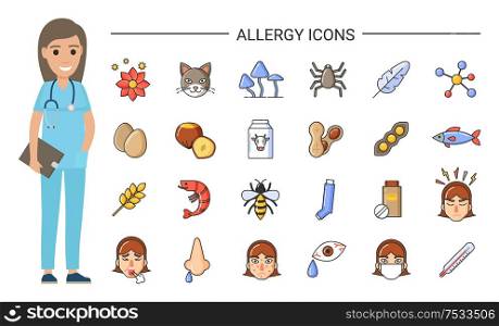 Allergy icons and doctor, nurse and treatment vector. Flower and cat, vow milk and beans, fish and feather, egg and shrimps, nuts and bugs in dust. Allergy Icons and Doctor, Nurse and Treatment