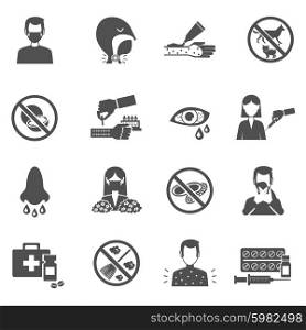Allergy icons black set with people with disease symptoms isolated vector illustration. Allergy Icons Black