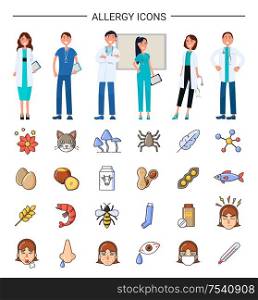 Allergy icons, medical care for sick patients vector. Professional treatment, preventing disease to evolve. Fish and beans, eggs shrimps, flower pet. Allergy Icons, Medical Care for Sick Patients