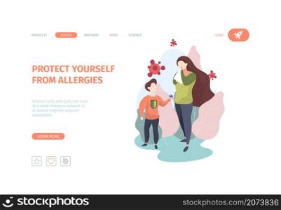 Allergy landing. Chronicity asthma sickness symptoms medical patients garish vector web page template. Illustration protect allergy website, medical healthcare. Allergy landing. Chronicity asthma sickness symptoms medical patients garish vector web page template