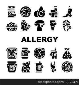 Allergy On Products Collection Icons Set Vector. Allergy On Medicaments And Cosmetics, Fish And Meat, Cheese And Milk, Fruits And Vegetables Glyph Pictograms Black Illustrations. Allergy On Products Collection Icons Set Vector