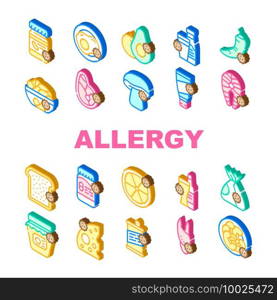 Allergy On Products Collection Icons Set Vector. Allergy On Medicaments And Cosmetics, Fish And Meat, Cheese And Milk, Fruits And Vegetables Isometric Sign Color Illustrations. Allergy On Products Collection Icons Set Vector