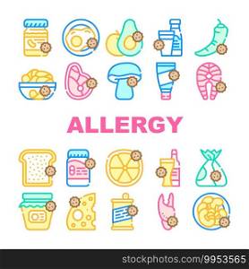 Allergy On Products Collection Icons Set Vector. Allergy On Medicaments And Cosmetics, Fish And Meat, Cheese And Milk, Fruits And Vegetables Concept Linear Pictograms. Contour Color Illustrations. Allergy On Products Collection Icons Set Vector