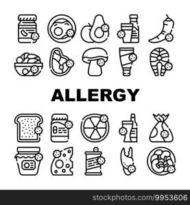 Allergy On Products Collection Icons Set Vector. Allergy On Medicaments And Cosmetics, Fish And Meat, Cheese And Milk, Fruits And Vegetables Black Contour Illustrations. Allergy On Products Collection Icons Set Vector