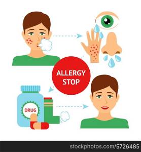Allergy prevention concept with sick and healthy person symptoms and drugs vector illustration