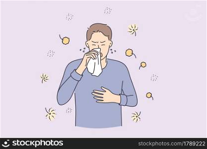 Allergy reaction, medicine and healthcare concept. Man cartoon character having pollen allergy with Runny nose and watery eye vector illustration . Allergy reaction, medicine and healthcare concept