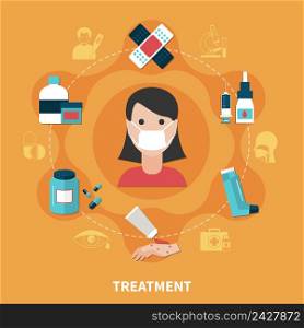 Allergy symptoms and various ways of treatment concept on orange background flat vector illustration. FLat Allergy Concept