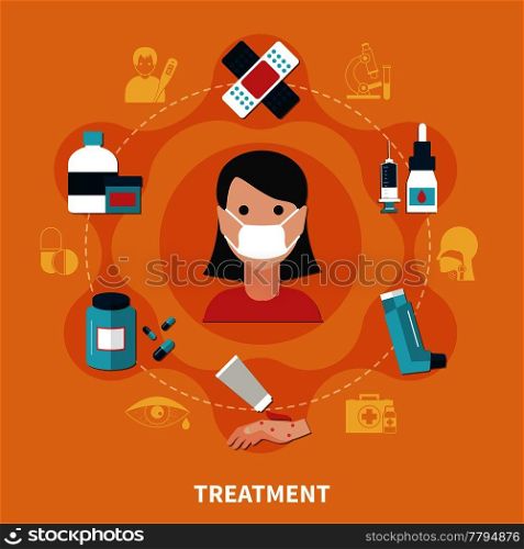 Allergy symptoms and various ways of treatment concept on orange background flat vector illustration. FLat Allergy Concept