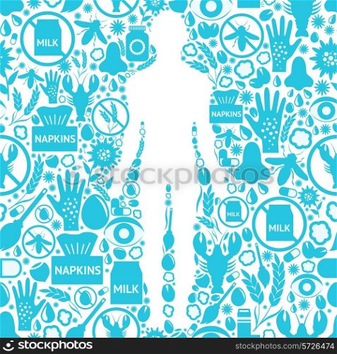 Allergy symptoms background with human silhouette and allergens and medicine symbols vector illustration