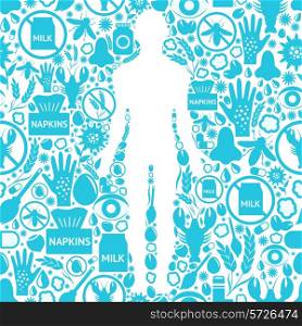 Allergy symptoms background with human silhouette and allergens and medicine symbols vector illustration