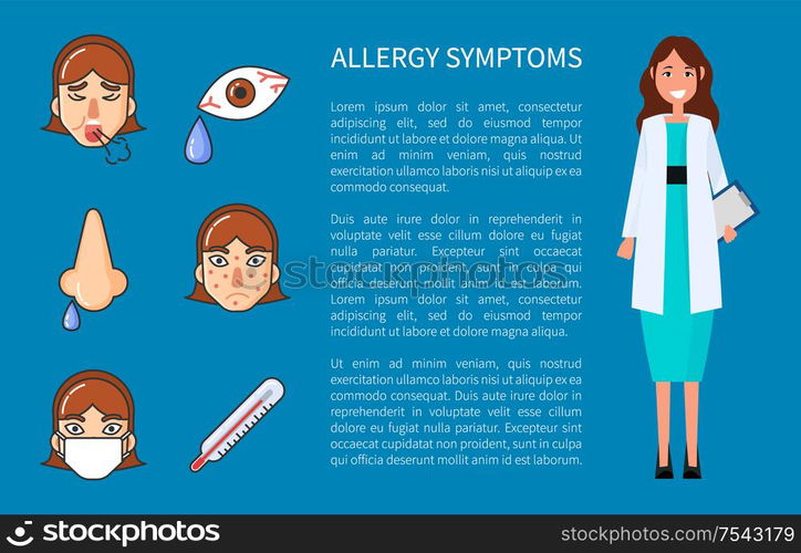 Allergy symptoms cough, high temperature, headache, rhinitis and sore eyes. Flat style vector