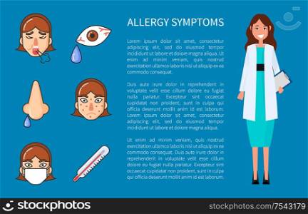 Allergy symptoms cough, high temperature, headache, rhinitis and sore eyes. Flat style vector illustration isolated on blue background with text. Allergy Symptoms Information with Doctor Vector