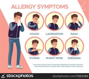 Allergy symptoms. Healthcare problems sickness symptom. Cough, itchy and runny, blisters, sneezing, edema and lacrimation vector disease diagram. Allergy symptoms. Healthcare problems sickness symptom. Cough, itchy and runny, blisters, sneezing, edema and lacrimation vector diagram