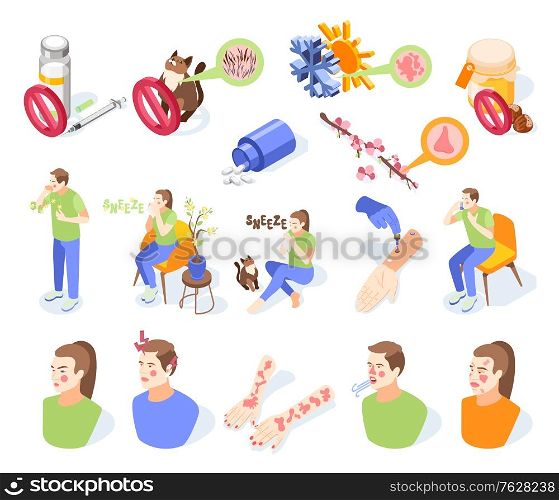 Allergy symptoms icons set with allergens symbols isometric isolated vector illustration