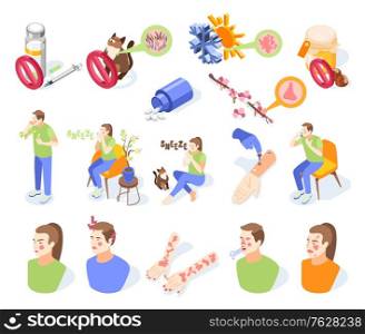 Allergy symptoms icons set with allergens symbols isometric isolated vector illustration