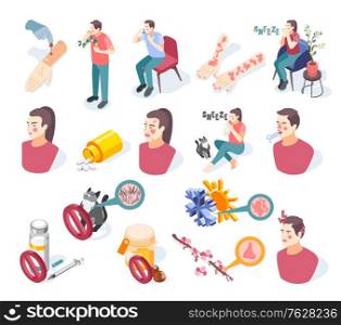 Allergy symptoms icons set with risk factors symbols isometric isolated vector illustration